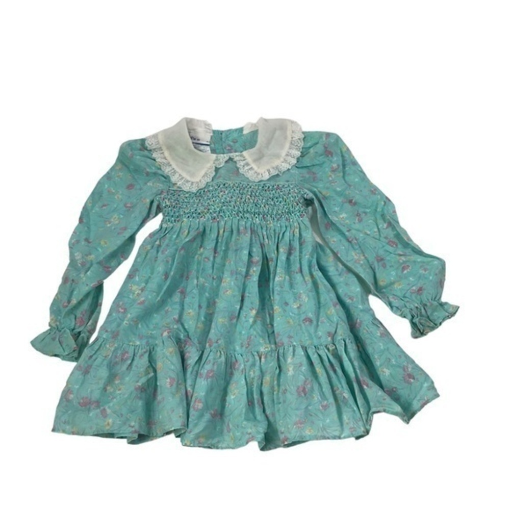Vintage Polly Flinders Girls mint florals Long Sleeve Smocked Dress size 4
